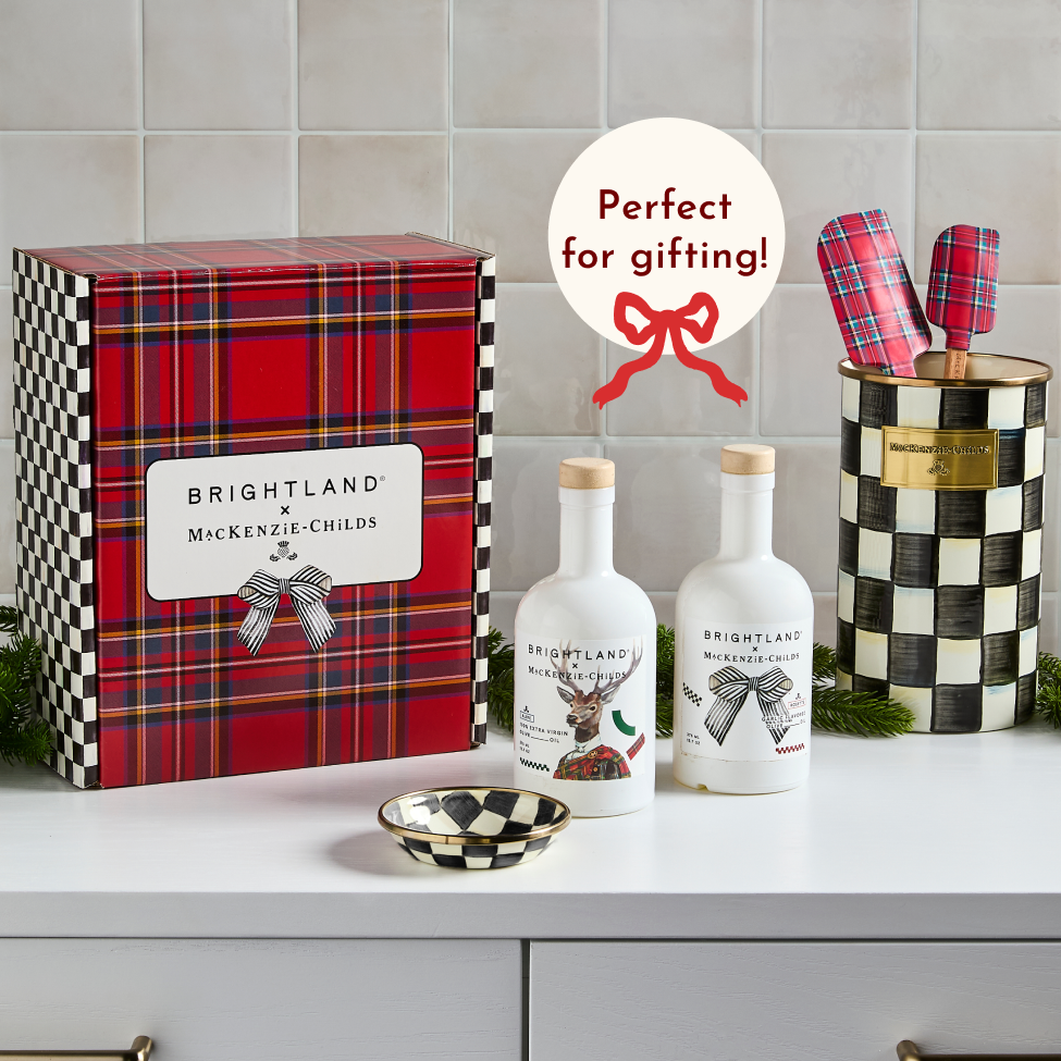 New! Brightland Holiday Hosting Set - perfect for gifting! Includes 2 Brightland Olive Oils, Courtly Check Dipping Bowl, & festive packaging.