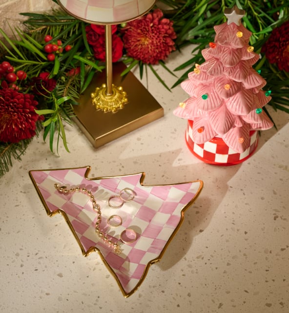 New! Limited Edition Bubblegum Pink Check Tree Dish Made In Aurora NY