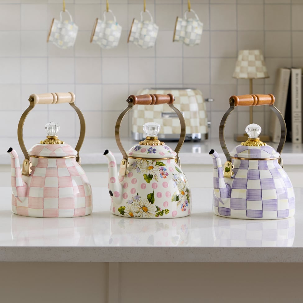 The Iconic Tea Kettle - featuring New Wildflowers Tea Kettle With Pink Polka Dots, along with Sterling & Rosy Check Kettles
