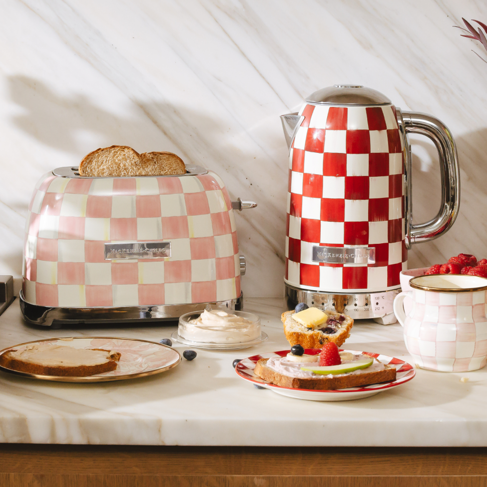 NEW! Kitchen Electrics Are here! Image features Emerald Check electric kettle & toaster