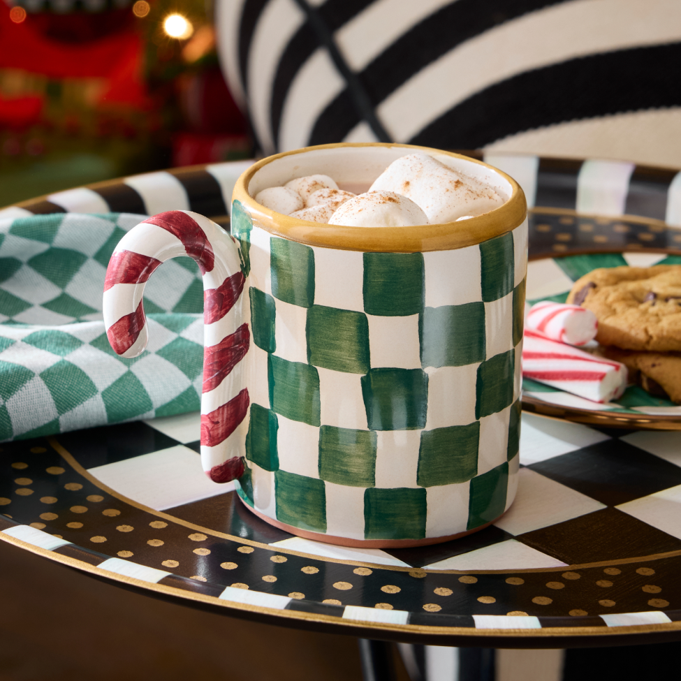 Limited-Edition December Mug from the Collectors Mug Series - Green Check Mug with Candy Cane handle Made In Aurora, NY