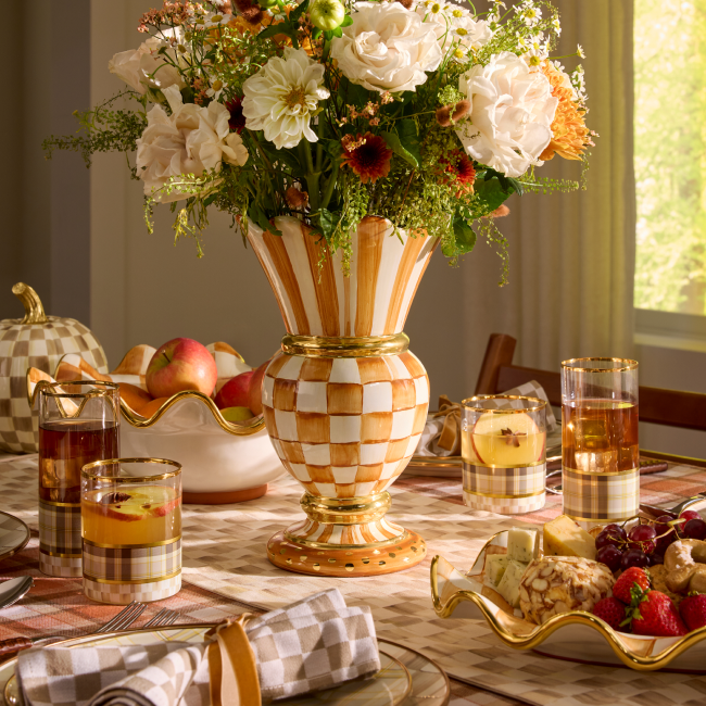 NEW! Ginger Check Collection - Image features fall table with ginger check serveware and vase