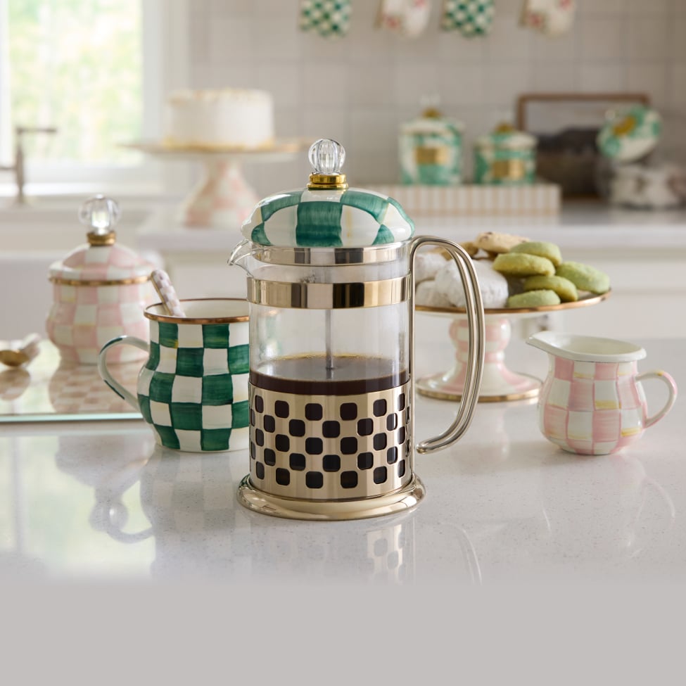 New Arrivals in Kitchen & Dining - Image features new Emerald Check French Press