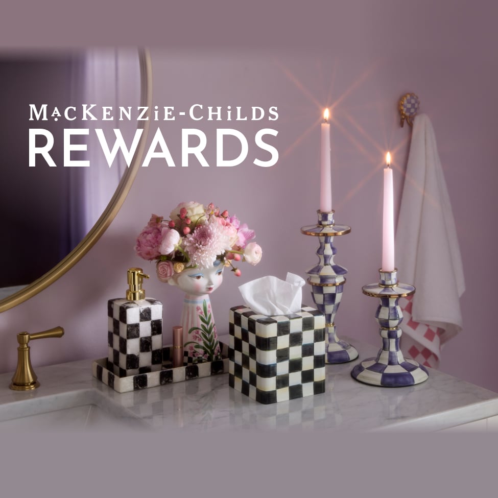 Sign up for Mackenzie-Childs Rewards,  Earn Points On Every Purchase - Image features iconic courtly check & new violet check