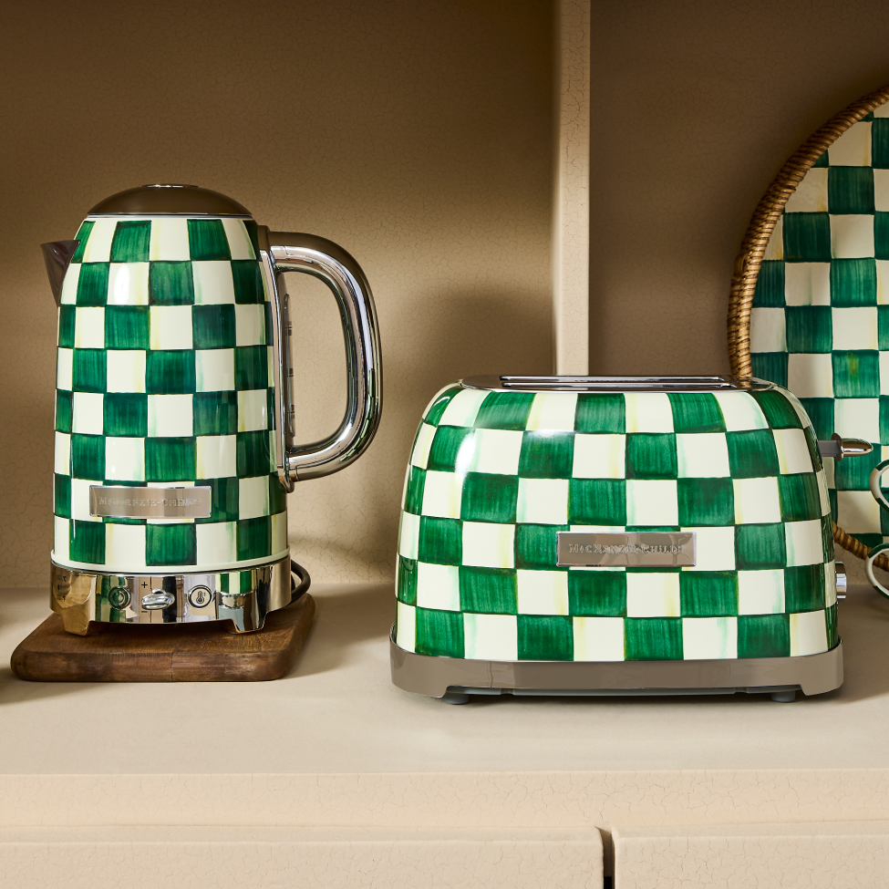 Kitchen Electrics Coming Soon! Image features Emerald Check electric kettle & toaster