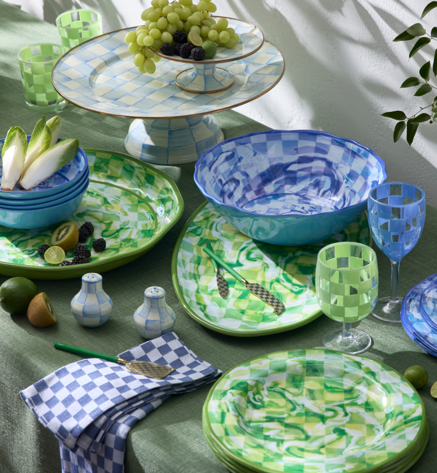 Green & Blue Marble Check Melamine, Green and Blue Acrylic Drinkware, & Sky Check Serveware