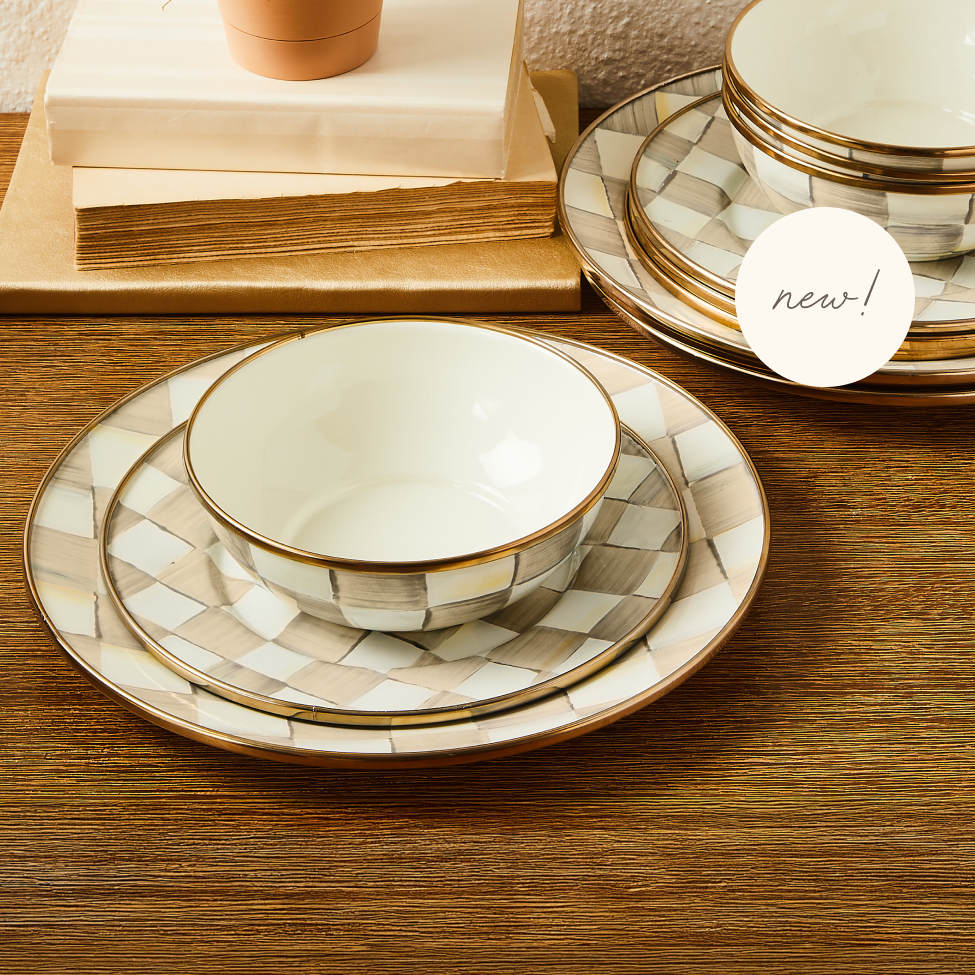 Explore Kitchen & Dining Starter Sets - image features new 12pc dinnerware set in mocha check