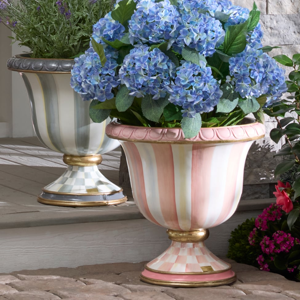 Outdoor Must-Haves For The Spring Season - image features our iconic urn in sterling stripe and rosy stripe