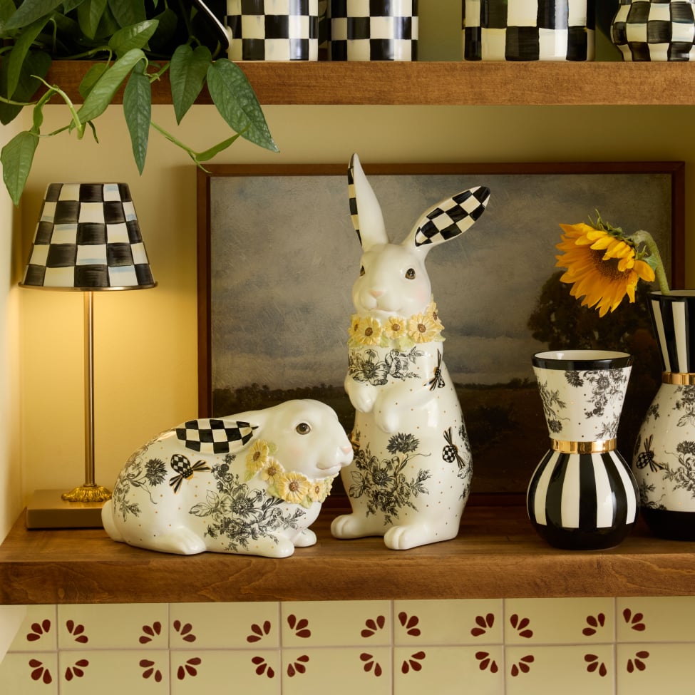 Bestsellers & Customer Favorites - image features new bee toile rabbits, bee toile vase, & courtly check LED lamp