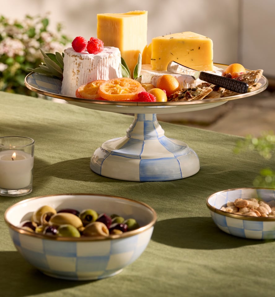 Serve Summer Spreads On Bright & Breezy Sky Check - image features Sky Check Pedestal Platter and Bowls