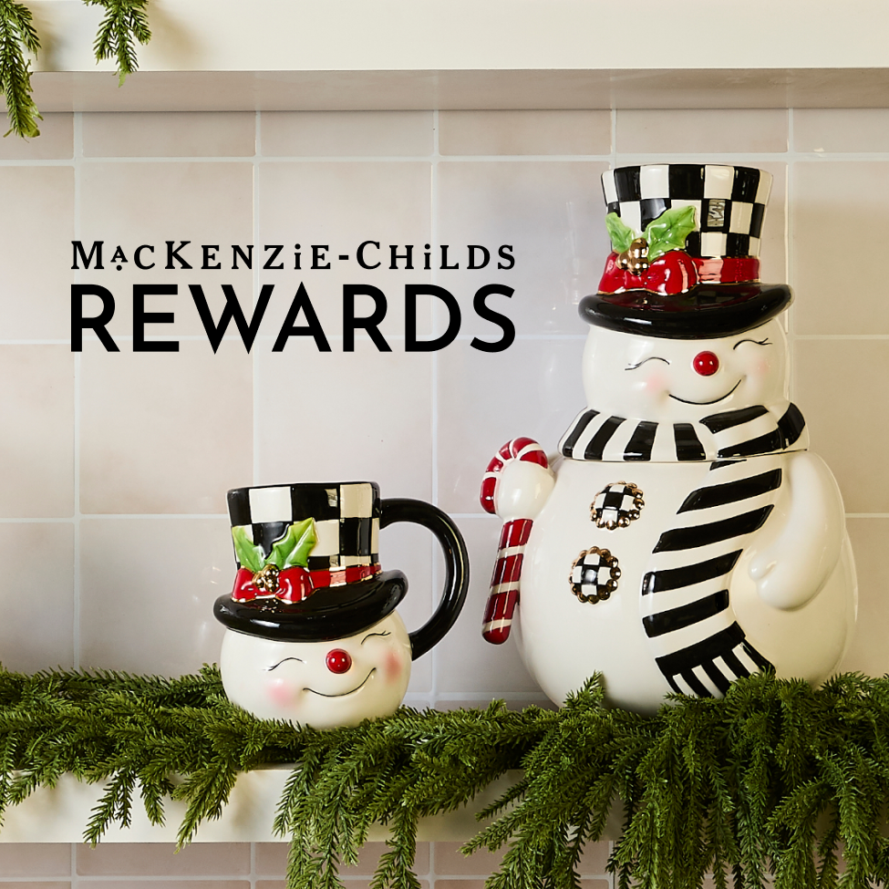 Sign up for Mackenzie-Childs Rewards earn 2X points every time you shop for a limited time - Image features cyber specials including snowman jar and snowman mug