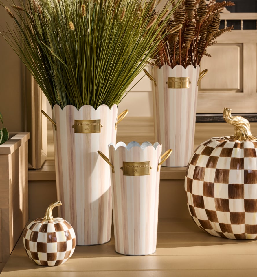 Your Fall First Act Starts At The Front Porch - image features new mocha flower buckets & pumpkins