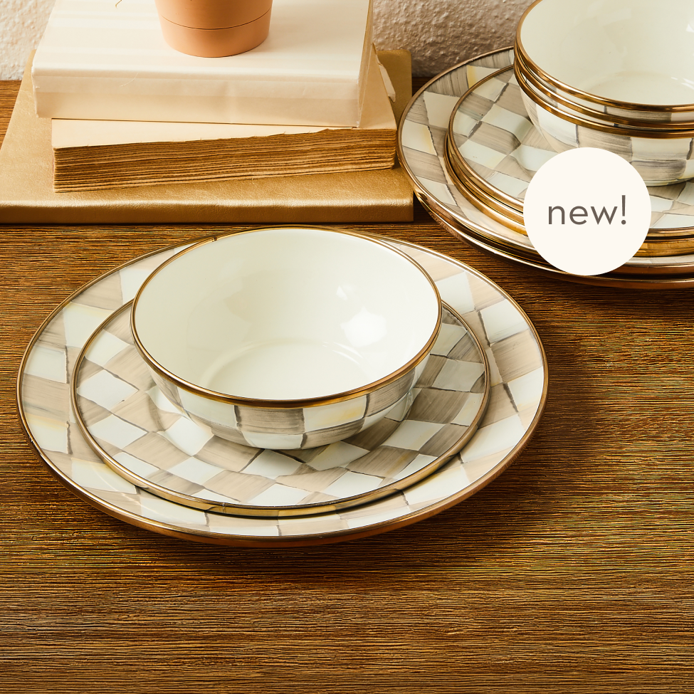 Explore Kitchen & Dining Starter Sets - image features new 12pc dinnerware set in mocha check