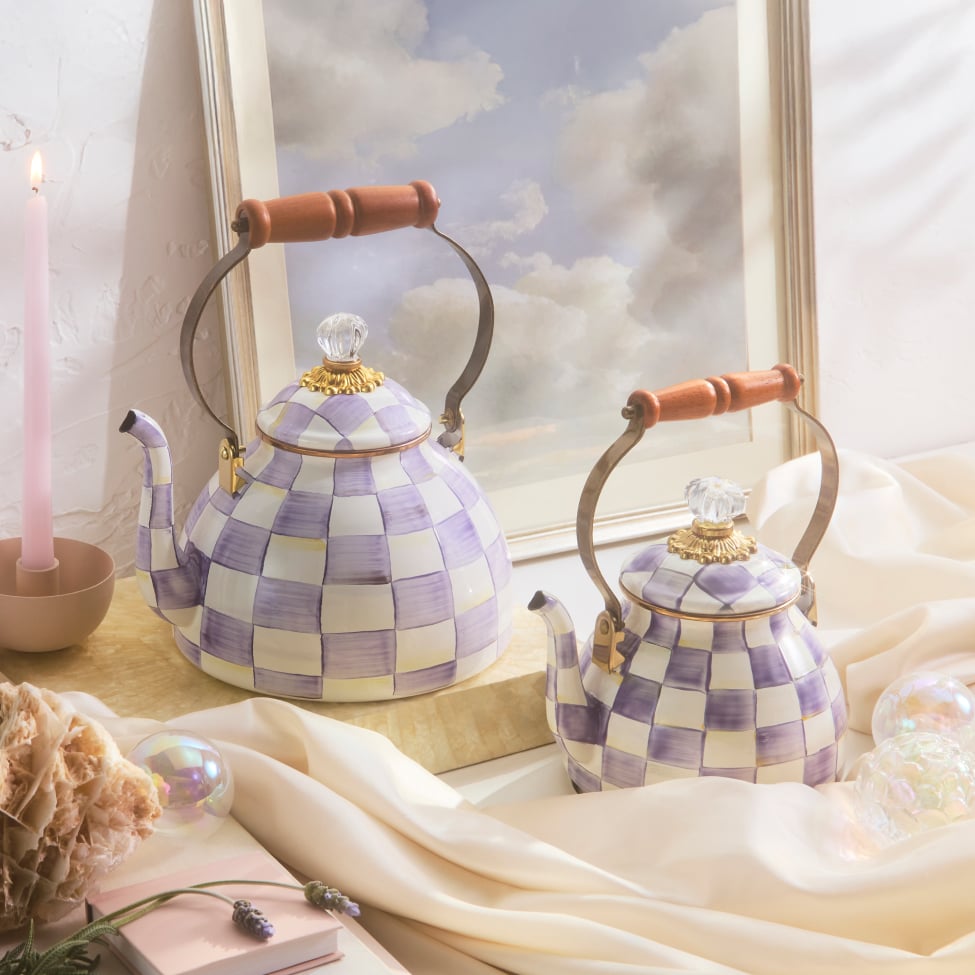 Coming Soon! A Dreamy New Hue - Image features new Violet Check tea kettles