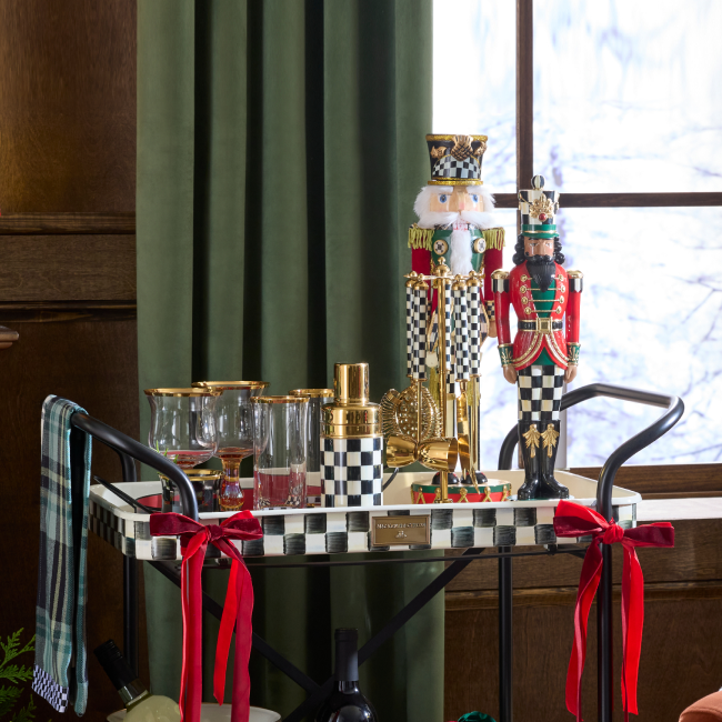 Built For Holiday Hosting -image features courtly check kitchen cart displayed as a festive bar cart