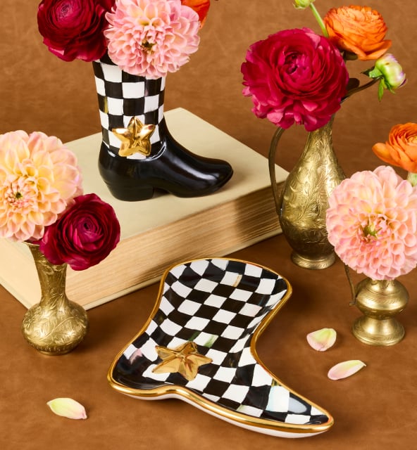 New! Lainey Wilson x  MacKenzie-Childs Is Here Image features Courtly Check Boot Dish Made In Aurora, NY