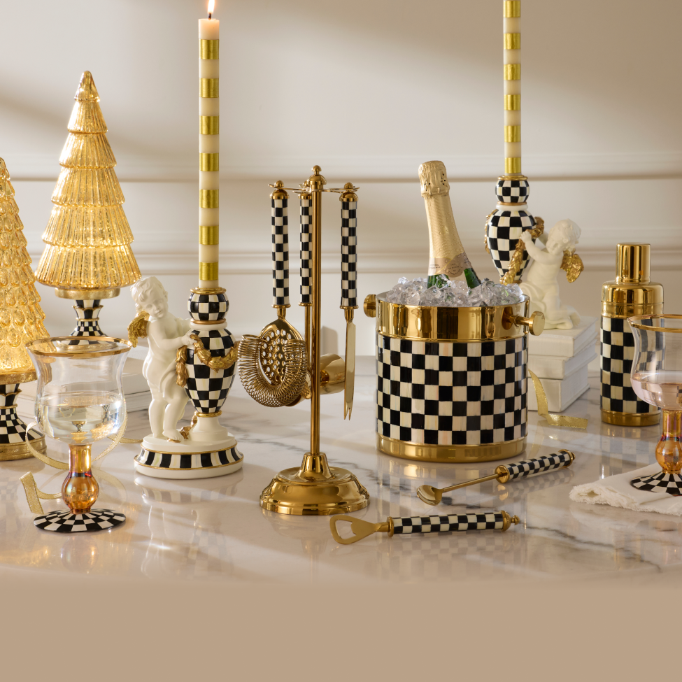 Curate Your Holiday Barware - Image features 3260 Gold Barware paired with Courtly Noel Holiday Decor